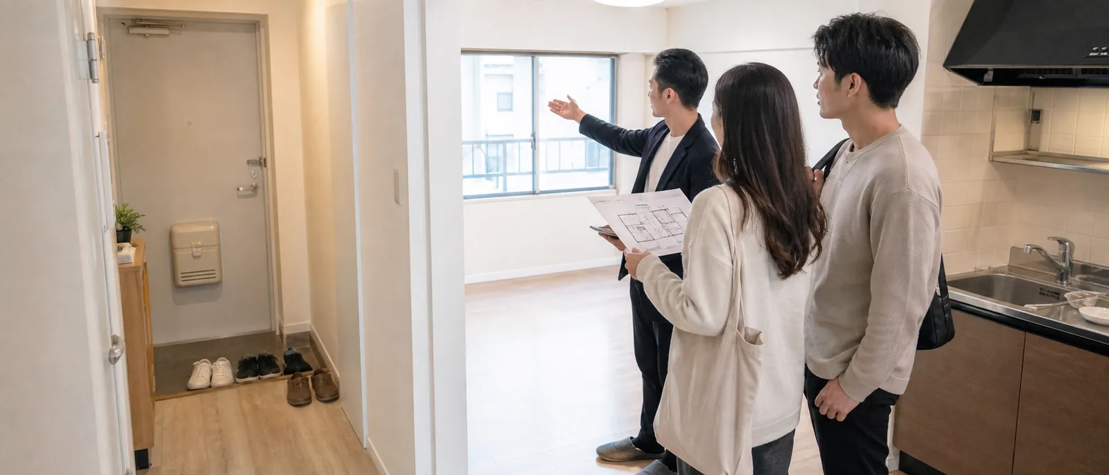 Một môi giới dẫn một cặp đôi người Việt đi xem căn hộ trống tại Nhật
